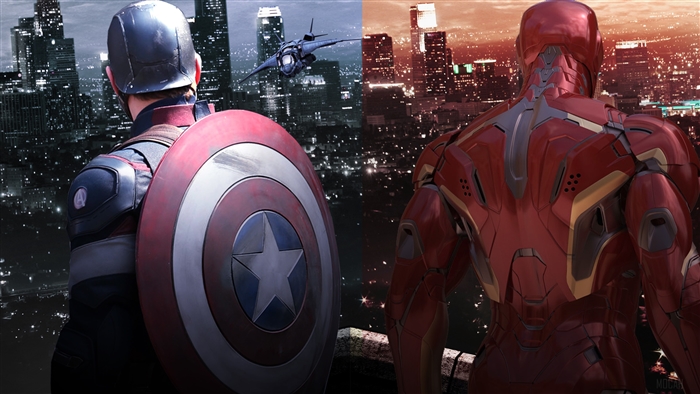 Captain America and Iron Man overlooking city 4K