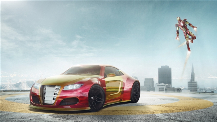 Iron Man Car with Iron Man Flying Over Cityscape 4K
