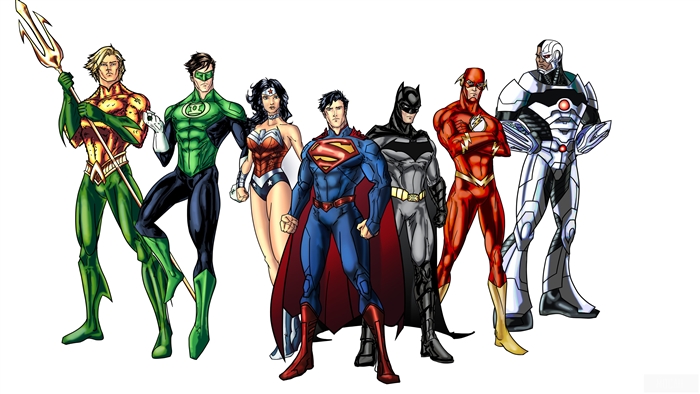 Justice League characters Aquaman, Green Lantern, Wonder Woman, Superman, Batman, Flash, Cyborg