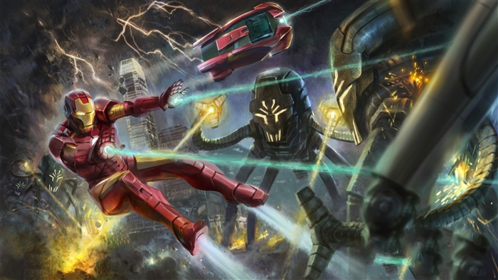 Iron Man fighting alien robots in a city 4K