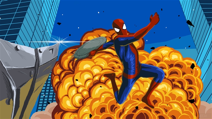 Spider-Man in an explosion with buildings