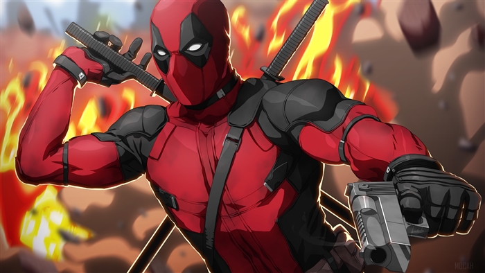 Deadpool holding katanas and a gun