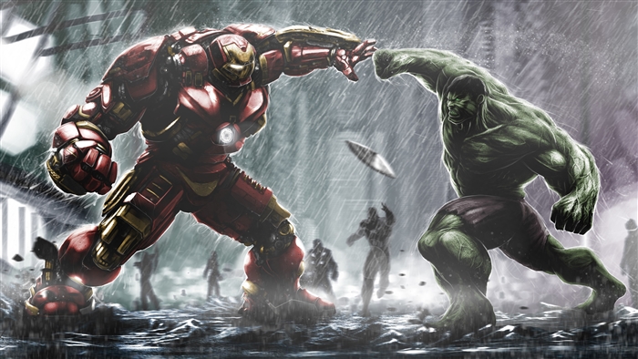 Hulkbuster and Hulk fighting in the rain