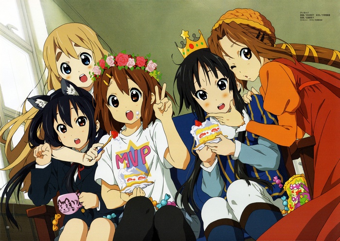 K-On! Girls Celebrating with Cake and Flowers