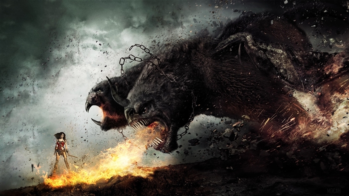 Wonder Woman fighting a two-headed monster