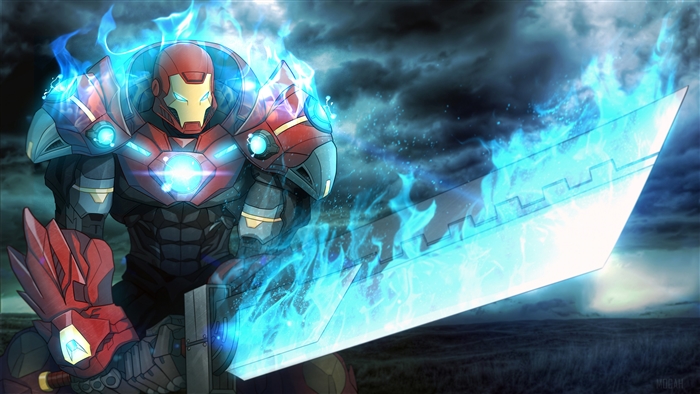 Ultimate Iron Man with glowing sword