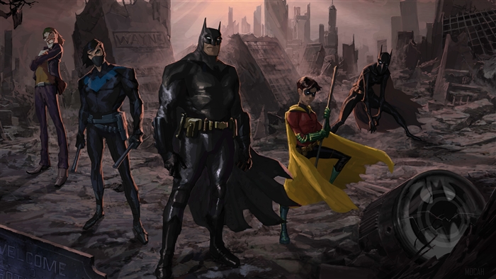 Batman and his team in a ruined Gotham City 4K