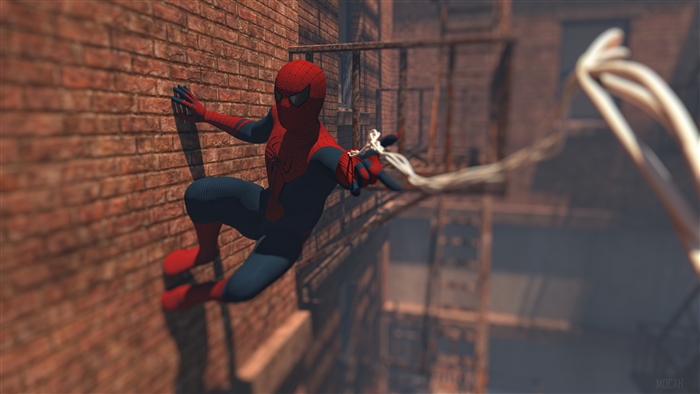 Spiderman swinging on a web in a city