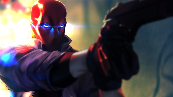 Jason Todd as Red Hood aiming a gun