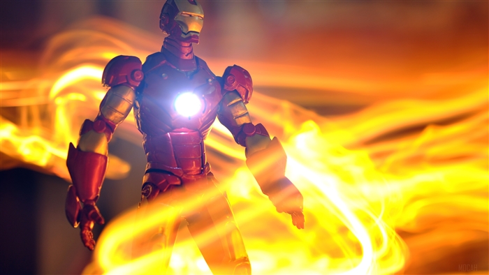 Iron Man toy with fiery background