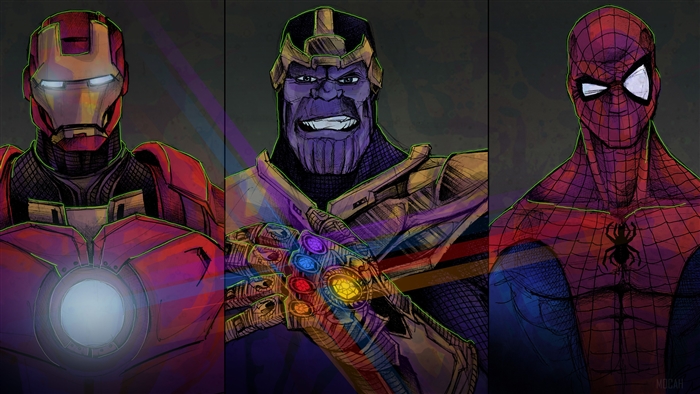 Iron Man, Thanos with Infinity Gauntlet, and Spider-Man 4K