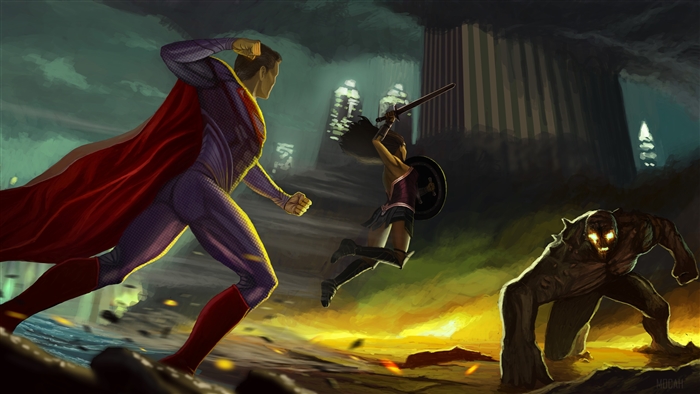 Superman and Wonder Woman fighting Doomsday 4K
