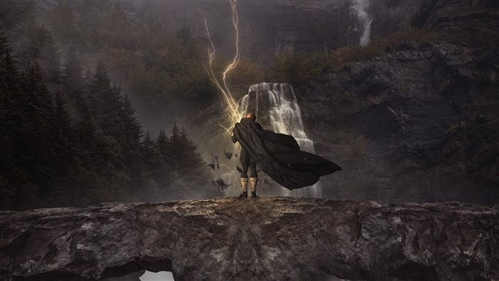 Black Adam with lightning in front of waterfall 4K