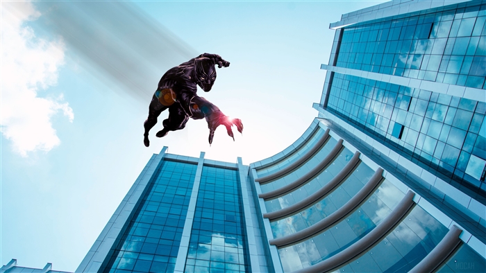 Black Panther jumping from a modern building 4K