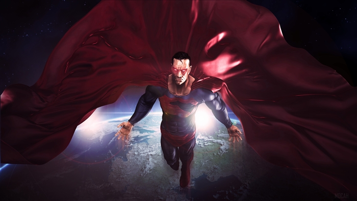 Superman flying over Earth with red cape