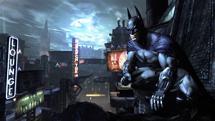Batman from Batman: Arkham City watching Gotham City at night 4K