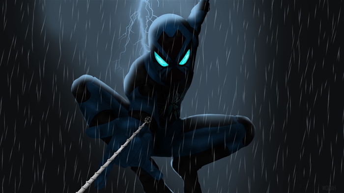 Spider-Man 2099 in the rain with lightning