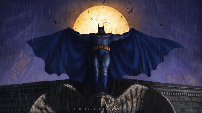 Batman standing on a gargoyle in the rain