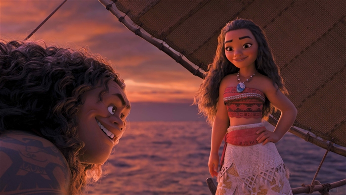 Maui and Moana on a boat at sunset
