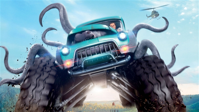 Monster Trucks movie poster with truck and helicopter