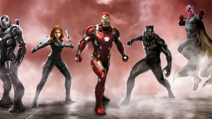 War Machine, Black Widow, Iron Man, Black Panther, and Vision from Captain America Civil War 4K