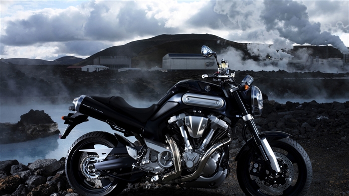 Yamaha MT-01 motorcycle in industrial landscape 4K
