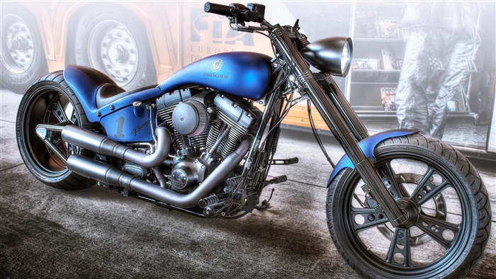 Blue custom motorcycle with "1" and "Racing" decals