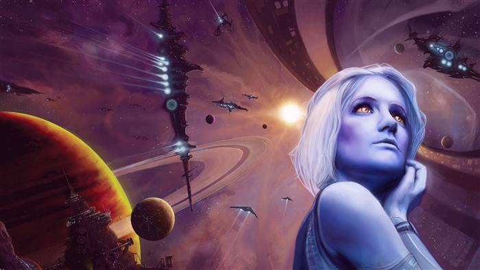 Blue-skinned woman in space with planets and spaceships 4K