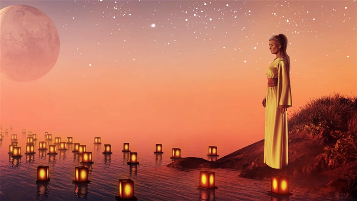 Woman and lanterns on water at sunset with planet and stars