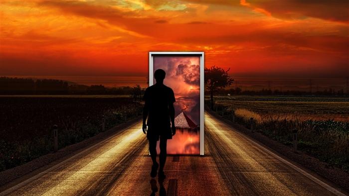 Man walking through a surreal door at sunset 4K