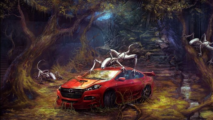 Robots and a red car in a dark forest