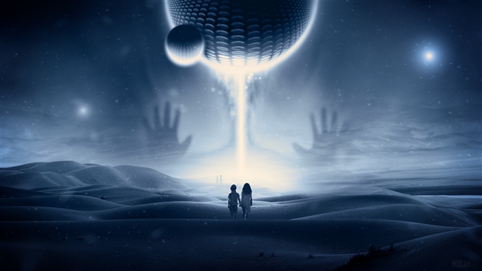Children meeting UFO in a fantasy landscape