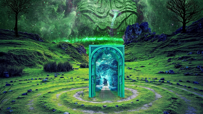 Fantasy portal in a green landscape with a nebula sky