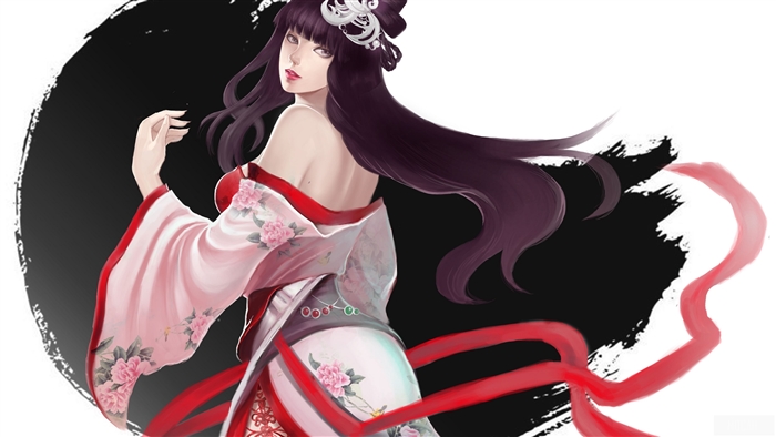 Girl in Kimono with Red Ribbons 4K