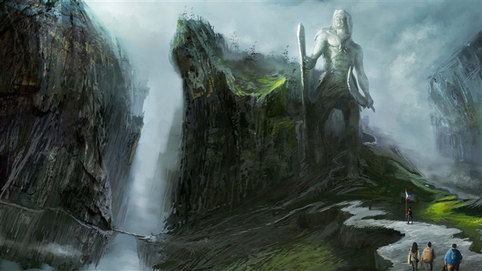 Giant statue in a rocky canyon with tourists and waterfall 4K