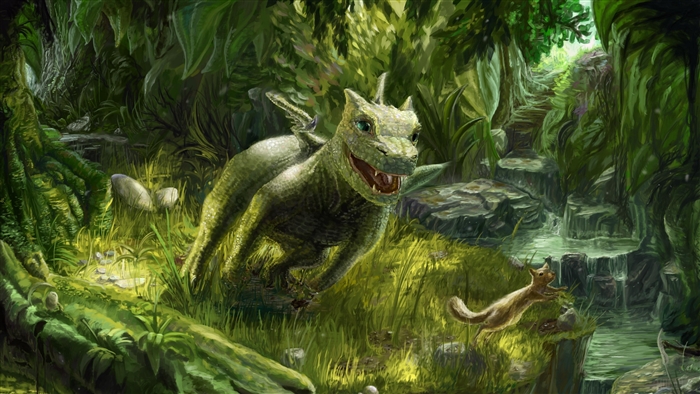 Small green dragon and squirrel in a forest