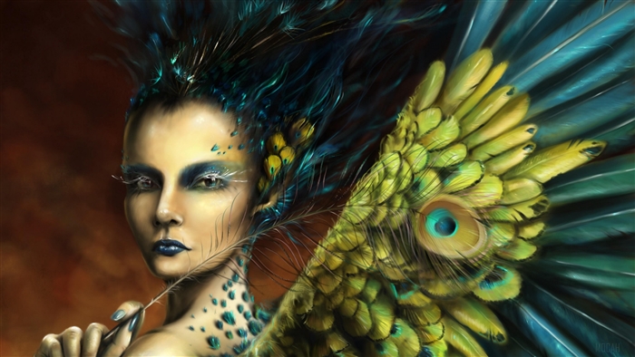 Woman with peacock feathers and makeup 4K