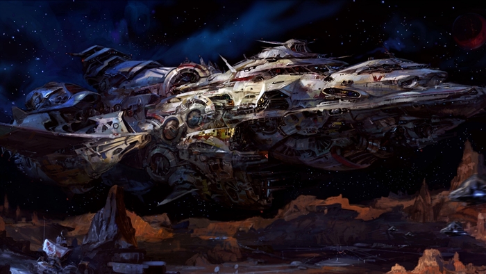 Massive spaceship over alien planet landscape
