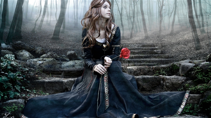 Girl in black dress holding a red rose in a forest