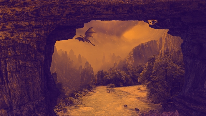 Dragon flying over a mystical river valley