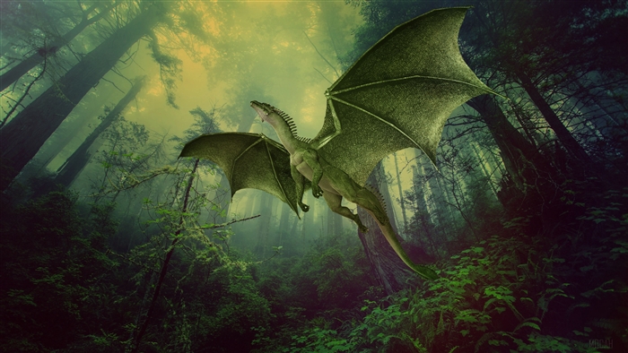 Green dragon flying in a foggy forest