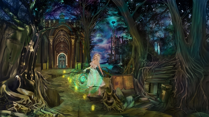Girl with lamp in forest near temple 4K