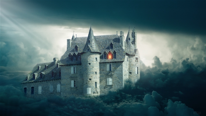 Mystical castle in gloomy clouds 4K
