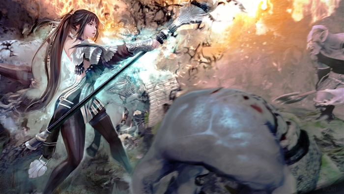 Girl casting magic against monsters with fire 4K