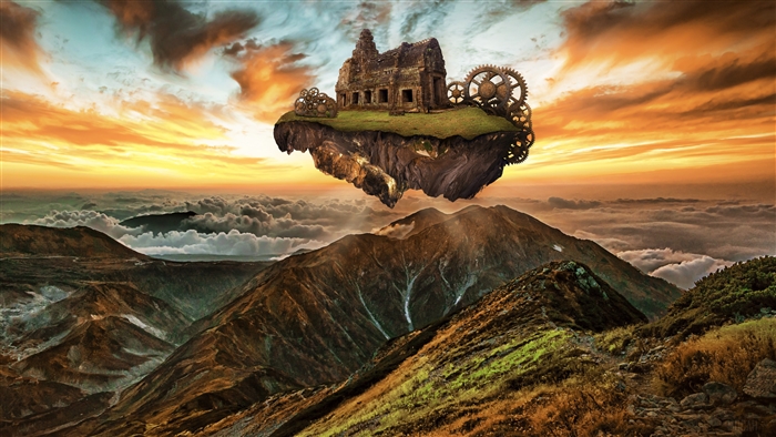 Steampunk floating island with ruins and gears over mountains at sunset 4K