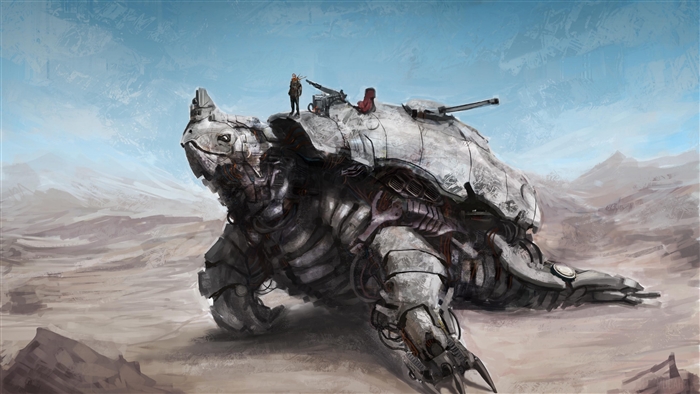 Mechanical turtle with people and weapons in desert 4K