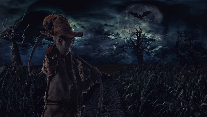 Scarecrow with scythe in a gloomy field at night 4K