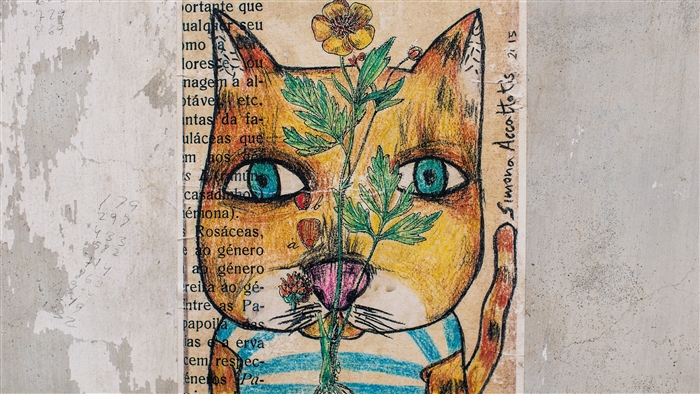 Cat drawing with flower and text