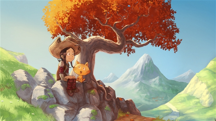 Girl and cat under autumn tree with mountains