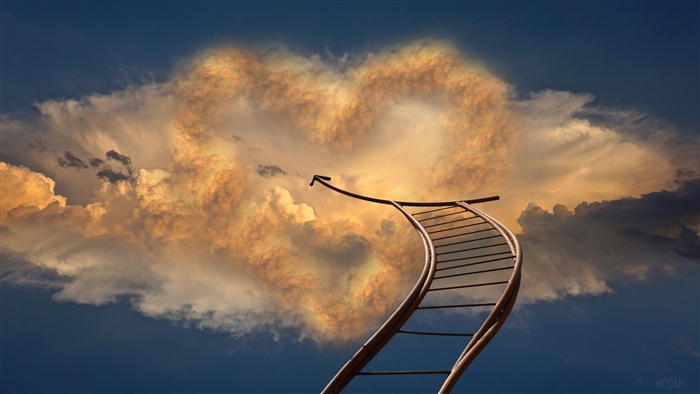 Staircase leading to heart-shaped cloud with arrow